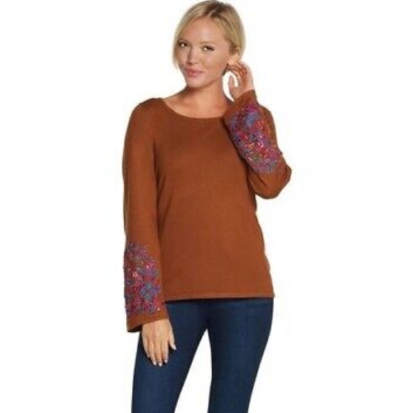 Whisper Knit QVC Italy Caramel Knit Sweater Embroidery Sleeves Women's Size XL - Picture 2 of 13